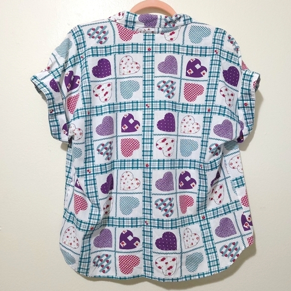 Vintage Tapestry Madras Style Heart Pattern Rolled Sleeve Button Down Size Large - Picture 2 of 9